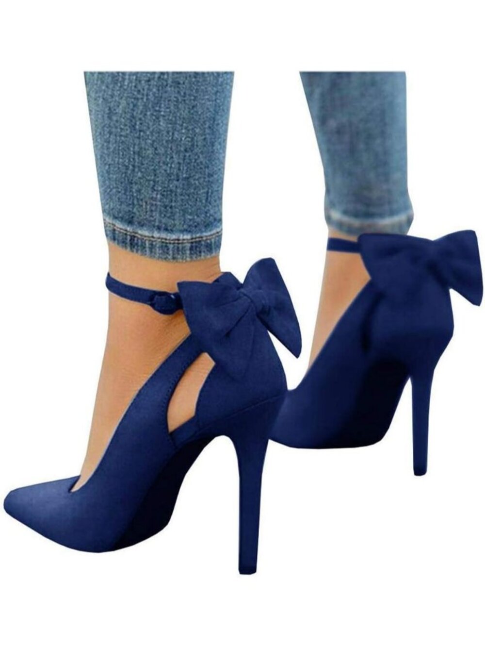 Women's Navy Pointed Toe High Heels Ankle Strap Sexy Bowtie Back Dress Sandals